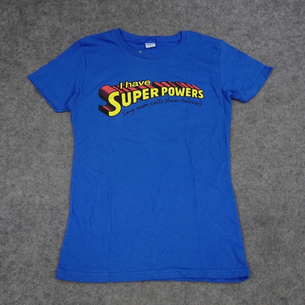 Threadless Shirt Girls Medium M Blue Red I Have Super Powers Short Sleeve Top